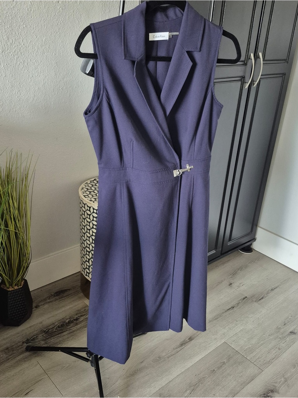 Calvin Klein Sleeveless Wrap-Front Midi Dress in Navy Blue